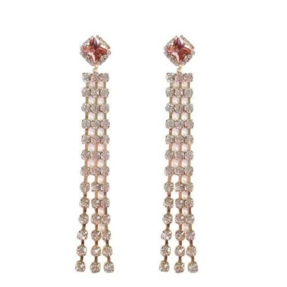 Gold Tone White Bronze Square Crystal Prong Chain Tassel Long BOHO Earrings